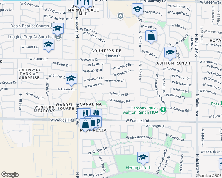 map of restaurants, bars, coffee shops, grocery stores, and more near 15282 West Hearn Road in Surprise