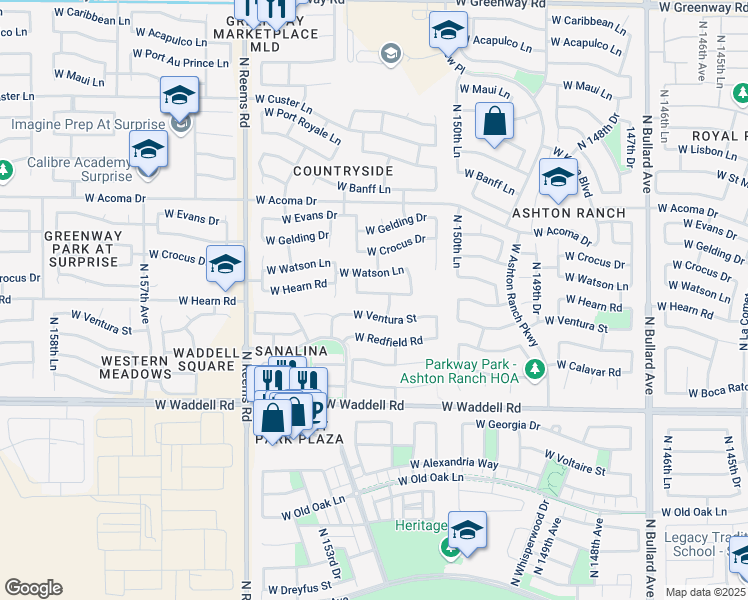 map of restaurants, bars, coffee shops, grocery stores, and more near 15282 West Hearn Road in Surprise