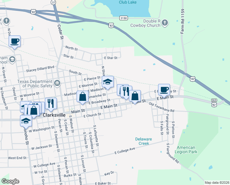 map of restaurants, bars, coffee shops, grocery stores, and more near 801 Comanche Street in Clarksville