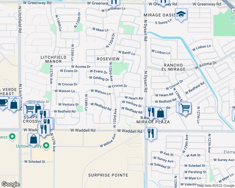 map of restaurants, bars, coffee shops, grocery stores, and more near 14244 North 132nd Lane in Surprise