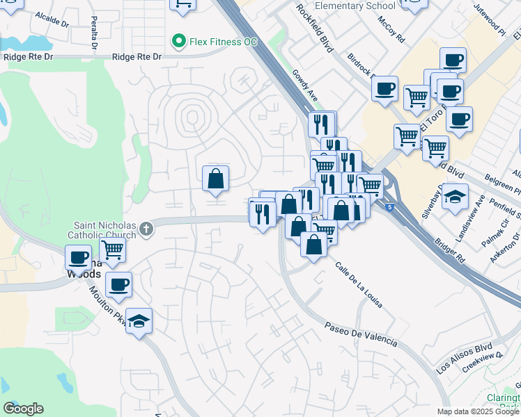 map of restaurants, bars, coffee shops, grocery stores, and more near 2057 Via Mariposa West in Laguna Woods