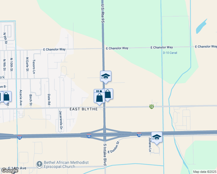 map of restaurants, bars, coffee shops, grocery stores, and more near 246 North Intake Boulevard in Blythe