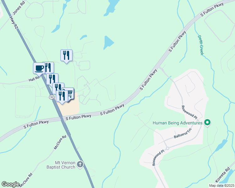 map of restaurants, bars, coffee shops, grocery stores, and more near 443 Village Lane in Fairburn