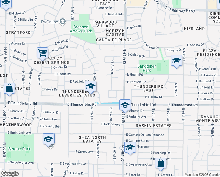 map of restaurants, bars, coffee shops, grocery stores, and more near 6241 East Redfield Road in Scottsdale