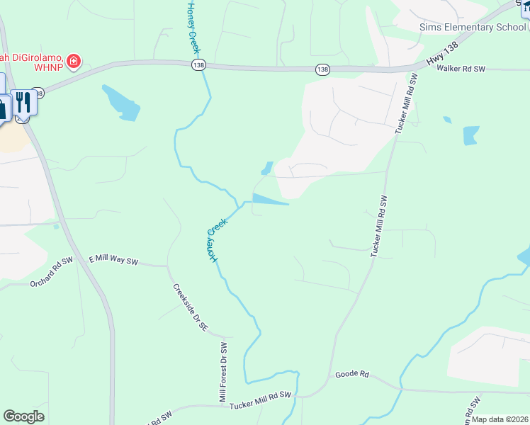map of restaurants, bars, coffee shops, grocery stores, and more near 2464 Morrison Road Southwest in Conyers