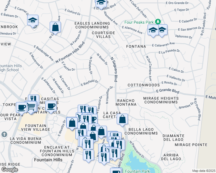 map of restaurants, bars, coffee shops, grocery stores, and more near 13850 North Hamilton Drive in Fountain Hills