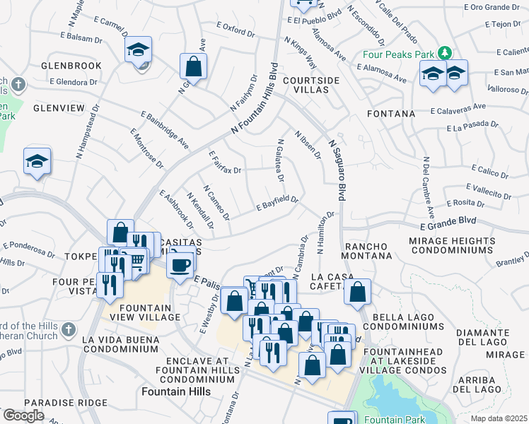 map of restaurants, bars, coffee shops, grocery stores, and more near 16665 East Bayfield Drive in Fountain Hills