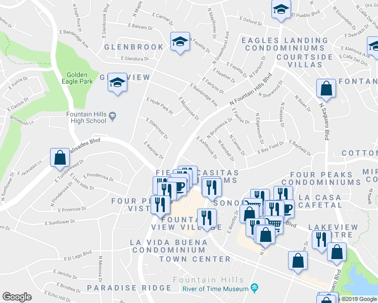map of restaurants, bars, coffee shops, grocery stores, and more near 16308 East Arrow Drive in Fountain Hills