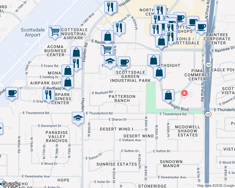 map of restaurants, bars, coffee shops, grocery stores, and more near 8217 East Redfield Road in Scottsdale