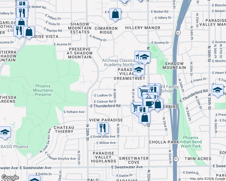 map of restaurants, bars, coffee shops, grocery stores, and more near 2950 East Friess Drive in Phoenix