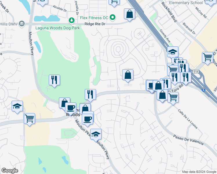 map of restaurants, bars, coffee shops, grocery stores, and more near 2014 Via Mariposa West in Laguna Woods
