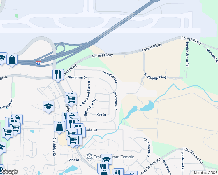 map of restaurants, bars, coffee shops, grocery stores, and more near 1258 Shoreham Drive in Atlanta