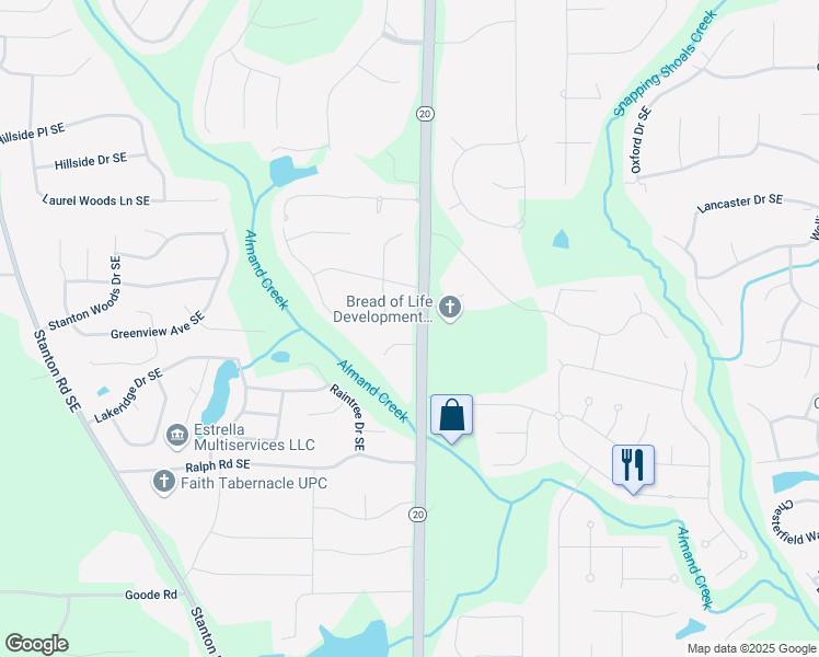 map of restaurants, bars, coffee shops, grocery stores, and more near 2855 Georgia 20 in Conyers