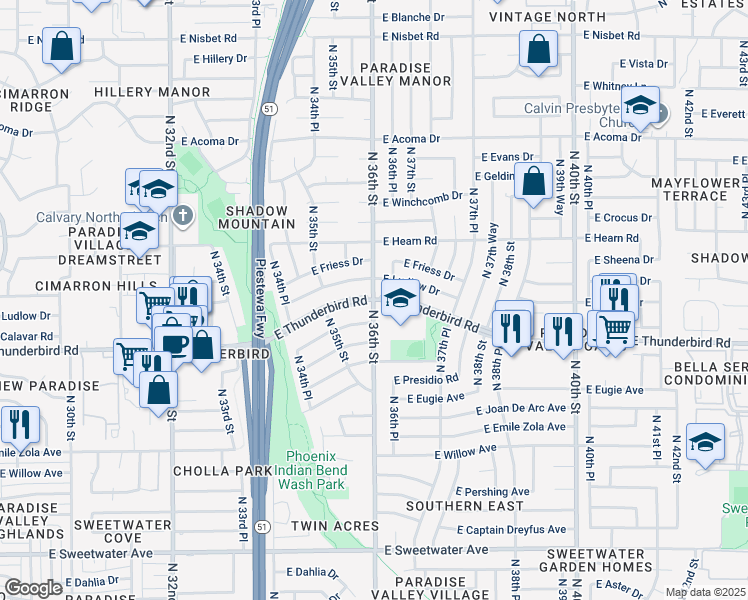 map of restaurants, bars, coffee shops, grocery stores, and more near E Thunderbird Rd & N 36th St in Phoenix