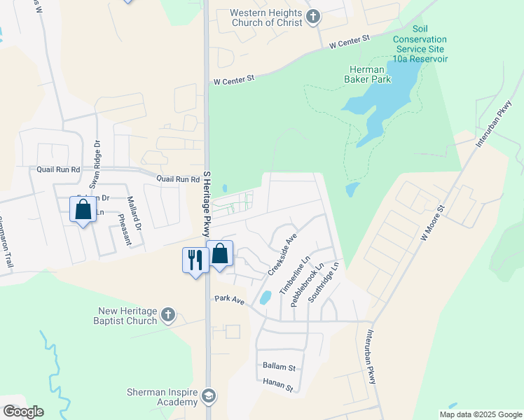 map of restaurants, bars, coffee shops, grocery stores, and more near 1305 Silverton Drive in Sherman