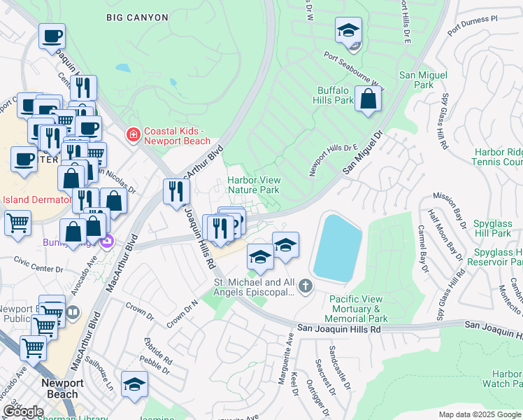 map of restaurants, bars, coffee shops, grocery stores, and more near 1691 San Miguel Drive in Newport Beach