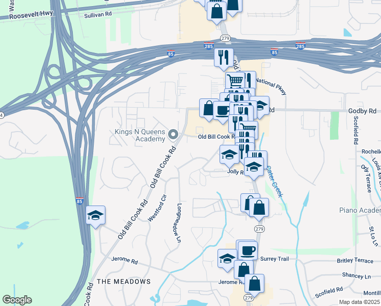 map of restaurants, bars, coffee shops, grocery stores, and more near 5205 Dunmoreland Court in Atlanta