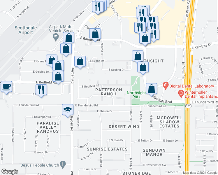 map of restaurants, bars, coffee shops, grocery stores, and more near 8217 East Redfield Road in Scottsdale