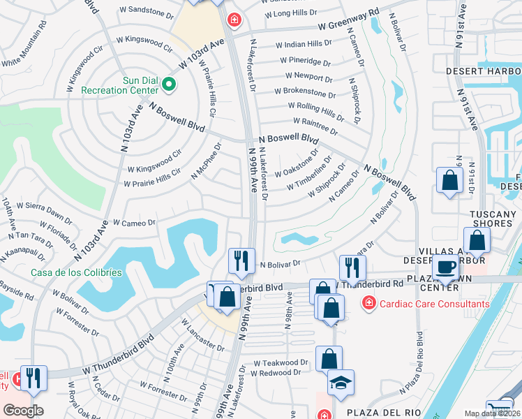 map of restaurants, bars, coffee shops, grocery stores, and more near 14214 North Lakeforest Drive in Sun City