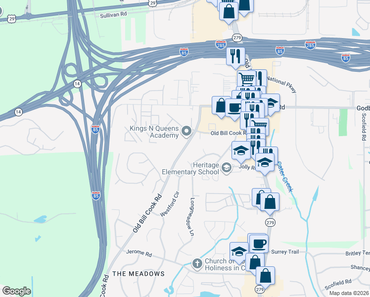 map of restaurants, bars, coffee shops, grocery stores, and more near 5220 Old Bill Cook Road in Atlanta