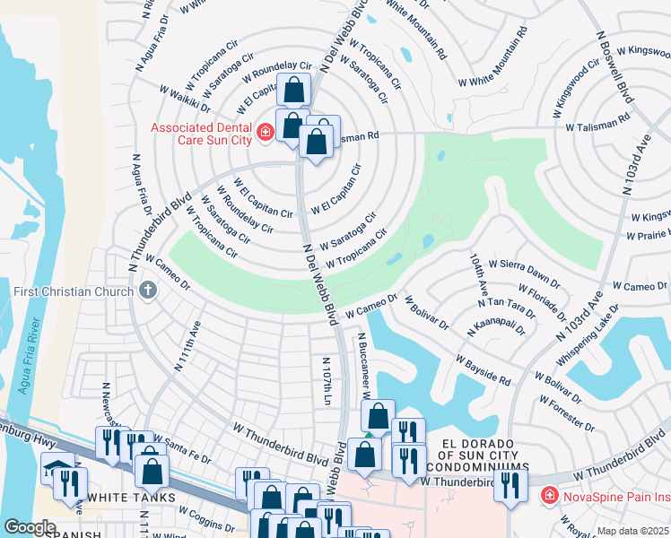 map of restaurants, bars, coffee shops, grocery stores, and more near 10403 West Tropicana Circle in Sun City