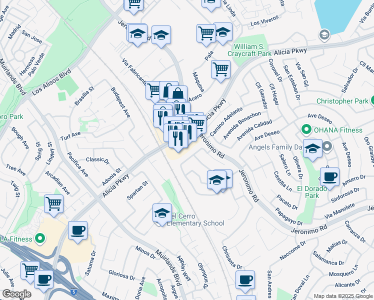 map of restaurants, bars, coffee shops, grocery stores, and more near 24012 Alicia Parkway in Mission Viejo