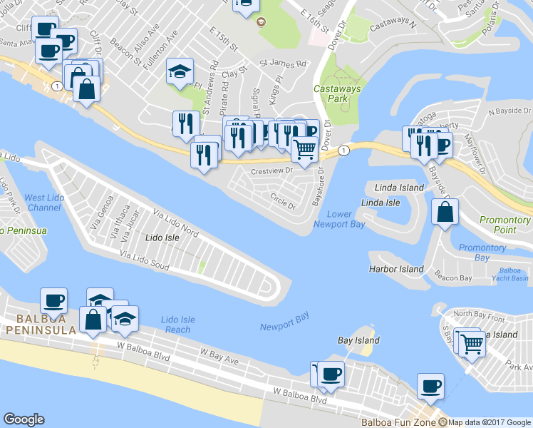 map of restaurants, bars, coffee shops, grocery stores, and more near 2572 Bayshore Drive in Newport Beach