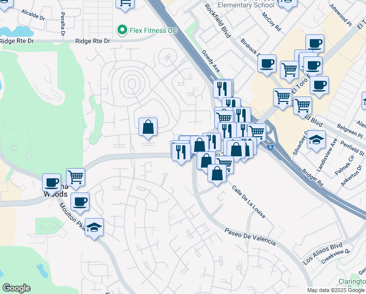map of restaurants, bars, coffee shops, grocery stores, and more near 2055 Via Mariposa East in Laguna Woods