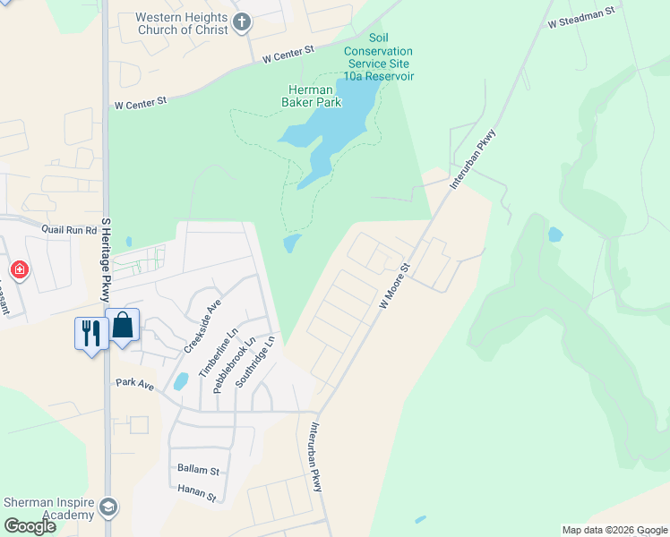 map of restaurants, bars, coffee shops, grocery stores, and more near 1505 Southridge Lane in Sherman