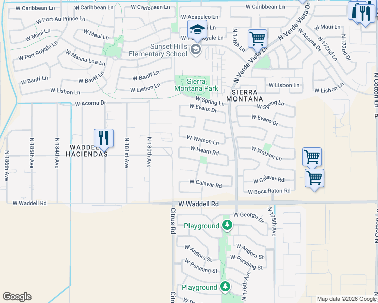 map of restaurants, bars, coffee shops, grocery stores, and more near 17851 West Hearn Road in Surprise
