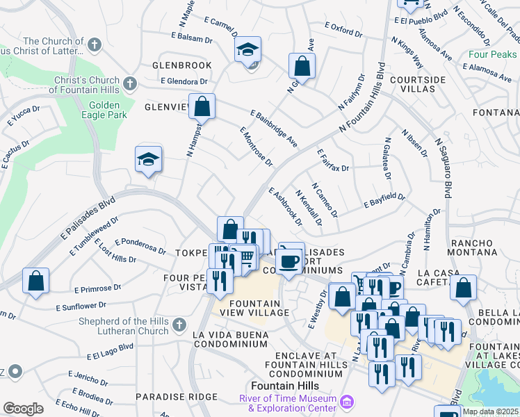map of restaurants, bars, coffee shops, grocery stores, and more near 16308 East Arrow Drive in Fountain Hills
