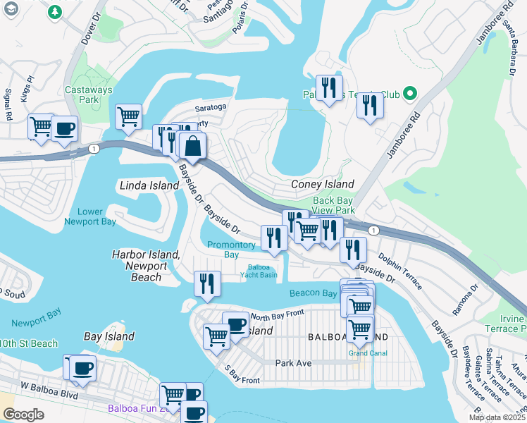 map of restaurants, bars, coffee shops, grocery stores, and more near 171 Promontory Drive West in Newport Beach