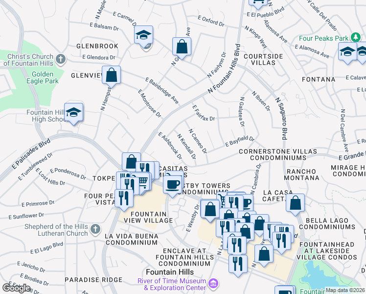 map of restaurants, bars, coffee shops, grocery stores, and more near 14016 North Kendall Drive in Fountain Hills