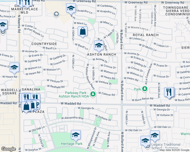 map of restaurants, bars, coffee shops, grocery stores, and more near 14220 North 149th Drive in Surprise