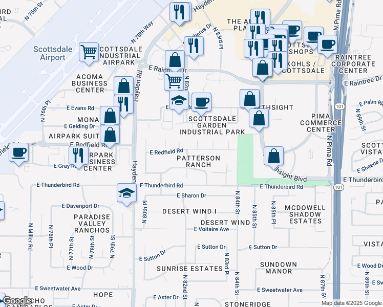 map of restaurants, bars, coffee shops, grocery stores, and more near 8217 East Redfield Road in Scottsdale