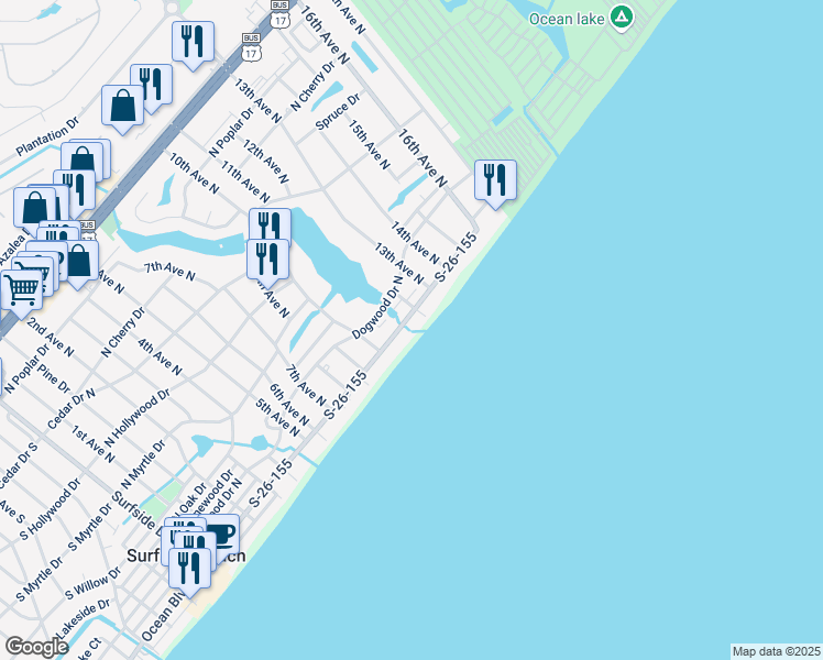 map of restaurants, bars, coffee shops, grocery stores, and more near 1111 North Ocean Boulevard in Surfside Beach