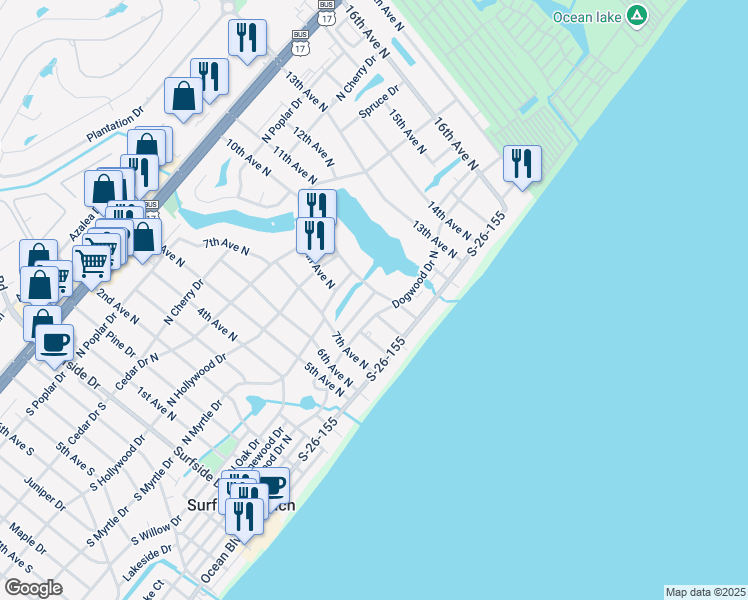 map of restaurants, bars, coffee shops, grocery stores, and more near 213 10th Avenue North in Surfside Beach
