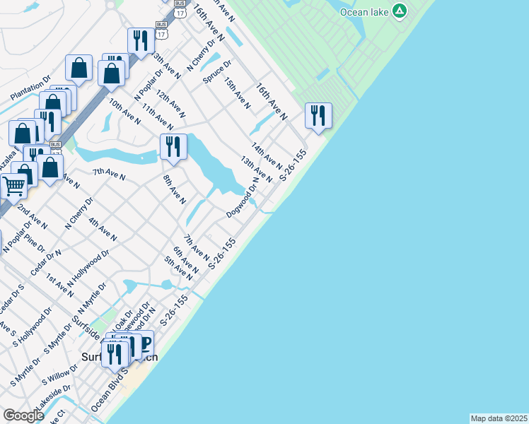 map of restaurants, bars, coffee shops, grocery stores, and more near 1111 North Ocean Boulevard in Surfside Beach