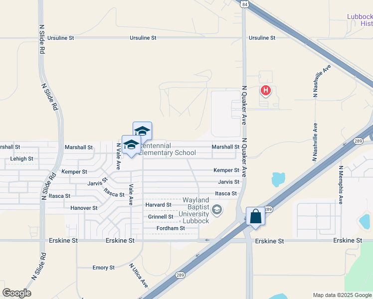map of restaurants, bars, coffee shops, grocery stores, and more near 4521 Marshall Street in Lubbock