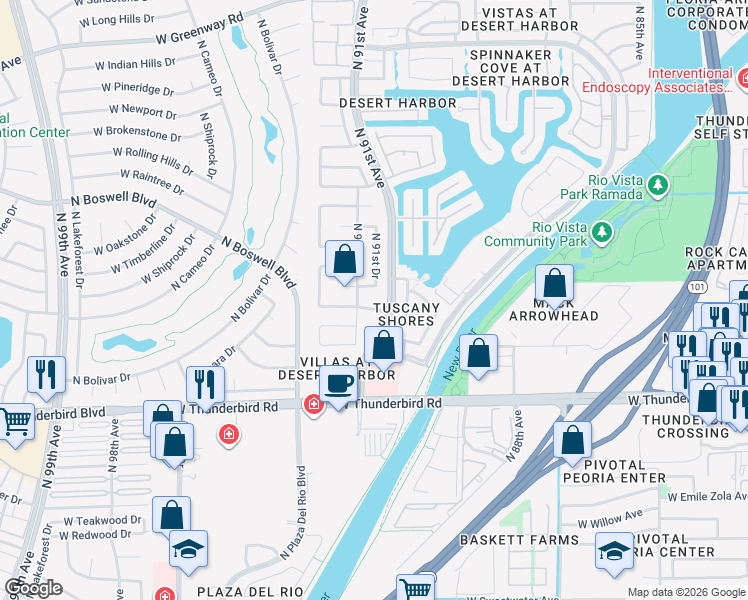 map of restaurants, bars, coffee shops, grocery stores, and more near 9110 West Hearn Road in Peoria