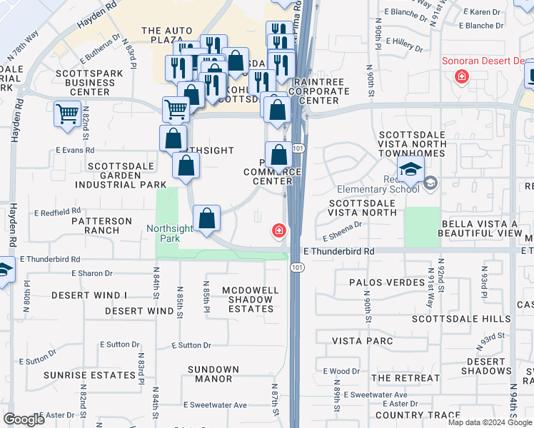 map of restaurants, bars, coffee shops, grocery stores, and more near 14000 North Pima Road in Scottsdale