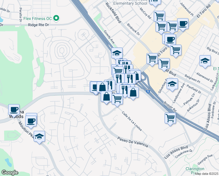 map of restaurants, bars, coffee shops, grocery stores, and more near 24031 El Toro Road in Laguna Hills