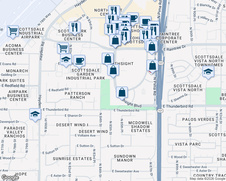 map of restaurants, bars, coffee shops, grocery stores, and more near 8400 E Thunderbird Rd in Scottsdale