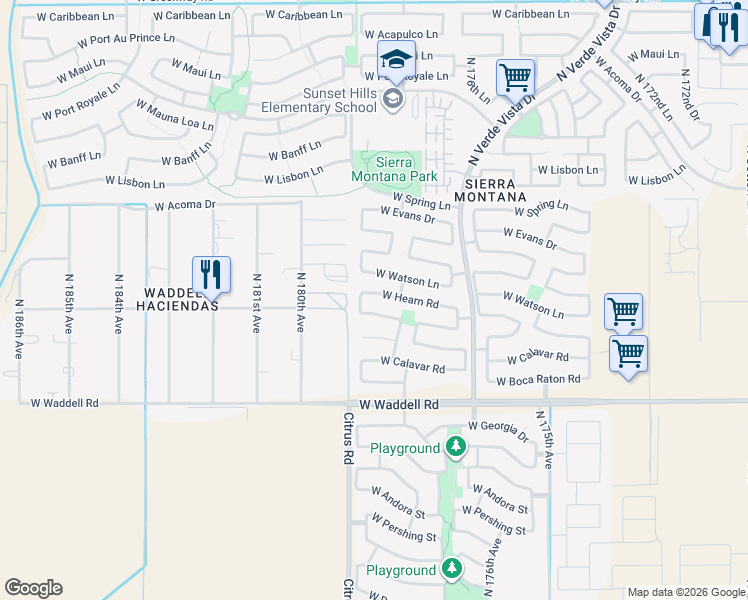 map of restaurants, bars, coffee shops, grocery stores, and more near 17851 West Hearn Road in Surprise