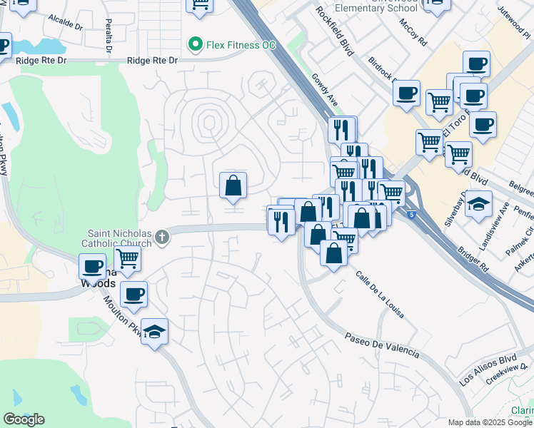 map of restaurants, bars, coffee shops, grocery stores, and more near 2057 Via Mariposa West in Laguna Woods