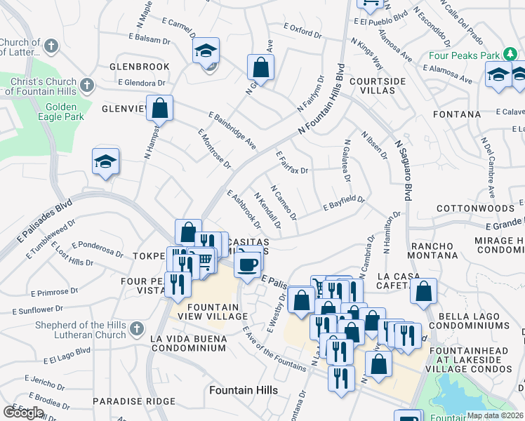 map of restaurants, bars, coffee shops, grocery stores, and more near 14008 North Kendall Drive in Fountain Hills