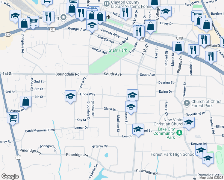 map of restaurants, bars, coffee shops, grocery stores, and more near 5168 Ellen Street in Forest Park