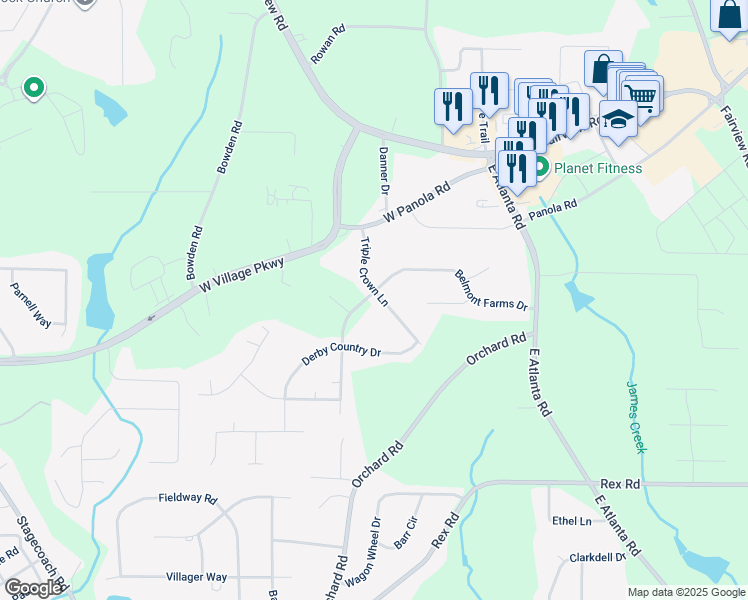 map of restaurants, bars, coffee shops, grocery stores, and more near 80 Triple Crown Lane in Ellenwood
