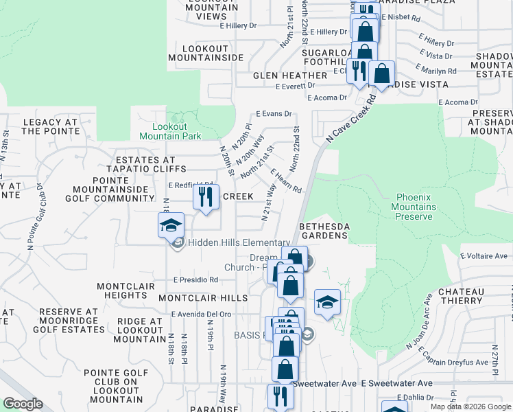 map of restaurants, bars, coffee shops, grocery stores, and more near 2105 East Sheena Drive in Phoenix