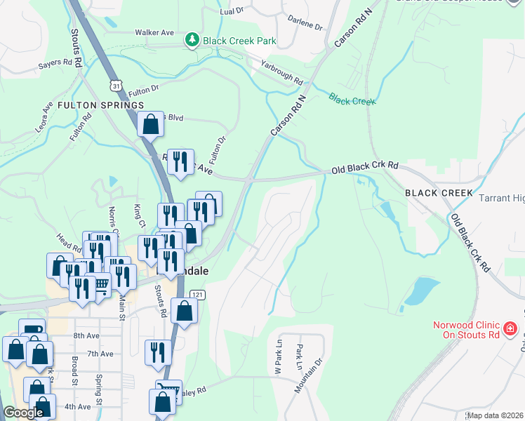map of restaurants, bars, coffee shops, grocery stores, and more near 521 Reading Ln in Fultondale